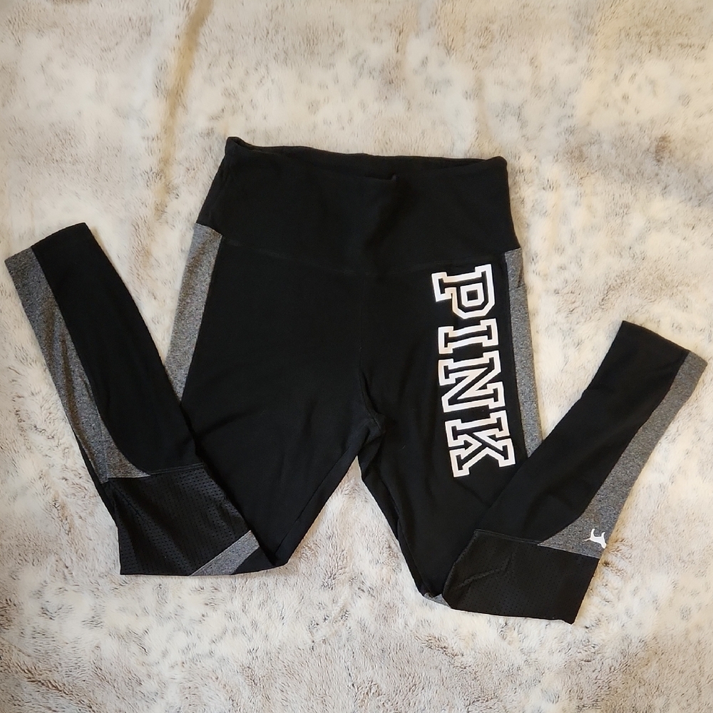 PINK Victoria's Secret Black and Gray Leggings with Sporty Design